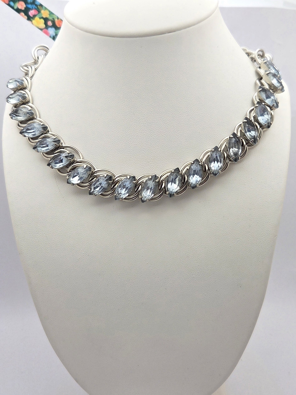 Vintage 1950s Ice Blue Marquise Rhinestone Choker Collar Necklace
